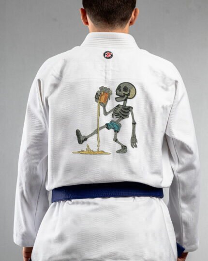 Tipsy embroidery on the back of a white BJJ Gi
