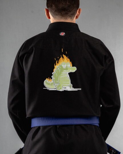 Tired Croc embroidery on the back of a black BJJ Gi