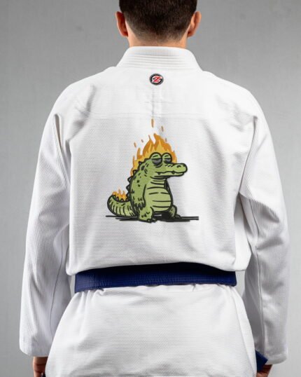 Tired Croc embroidery on the back of a white BJJ Gi