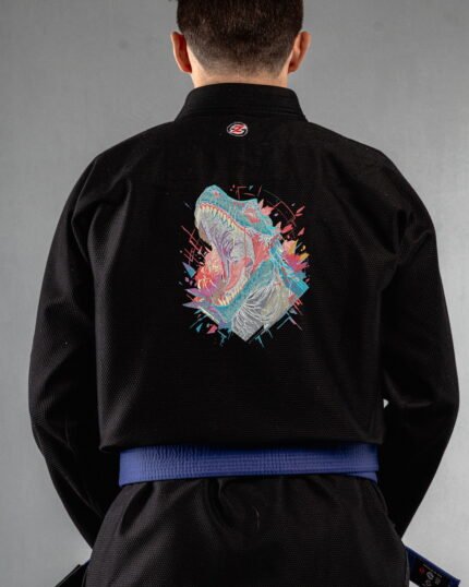 Trex Dinosaur embroidery on the back of a black BJJ Gi