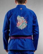 Trex Dinosaur embroidery on the back of a blue BJJ Gi