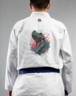 Trex Dinosaur embroidery on the back of a white BJJ Gi