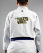 Trex embroidery on the back of a white BJJ Gi
