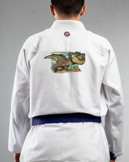 Trex embroidery on the back of a white BJJ Gi