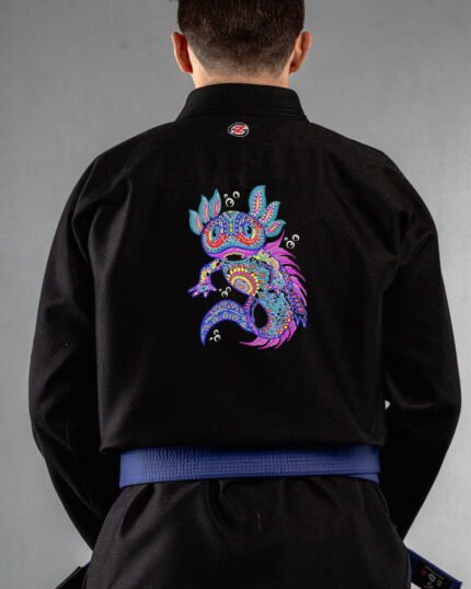 Tribal Axolotl embroidery on the back of a black BJJ Gi