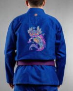 Tribal Axolotl embroidery on the back of a blue BJJ Gi
