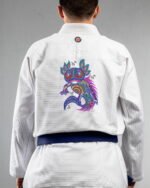 Tribal Axolotl embroidery on the back of a white BJJ Gi