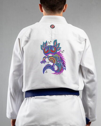 Tribal Axolotl embroidery on the back of a white BJJ Gi