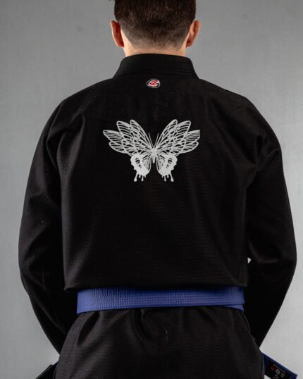 Trippy Butterfly embroidery on the back of a black BJJ Gi