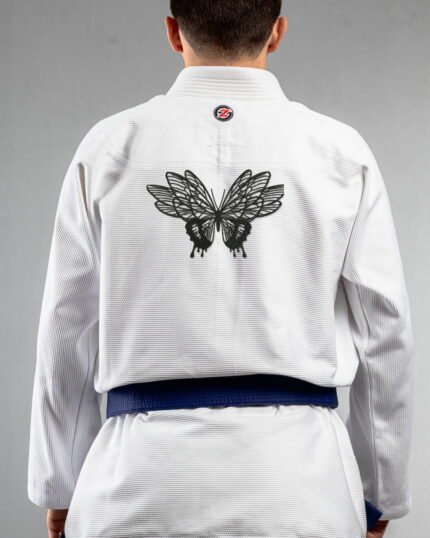 Trippy Butterfly embroidery on the back of a white BJJ Gi