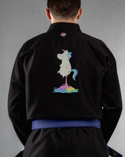Unicorn embroidery on the back of a black BJJ Gi