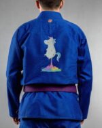 Unicorn embroidery on the back of a blue BJJ Gi
