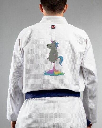 Unicorn embroidery on the back of a white BJJ Gi