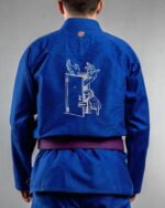 Uninvited Reach ,door embroidery on the back of a blue BJJ Gi