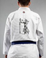 Uninvited Reach ,door embroidery on the back of a white BJJ Gi