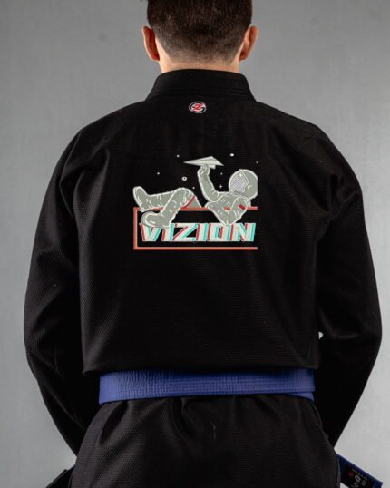 Vizion embroidery on the back of a black BJJ Gi