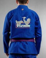 Vizion embroidery on the back of a blue BJJ Gi