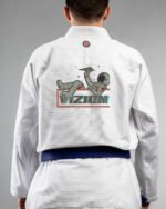 Vizion embroidery on the back of a white BJJ Gi
