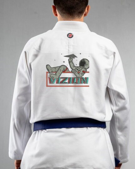 Vizion embroidery on the back of a white BJJ Gi