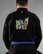 Wild & Free embroidery on the back of a black BJJ Gi