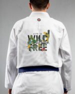 Wild & Free embroidery on the back of a white BJJ Gi