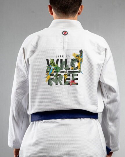 Wild & Free embroidery on the back of a white BJJ Gi