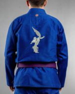 Wings Of Rebellion embroidery on the back of a blue BJJ Gi