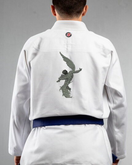 Wings Of Rebellion embroidery on the back of a white BJJ Gi