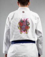 Wolf Oni embroidery on the back of a white BJJ Gi