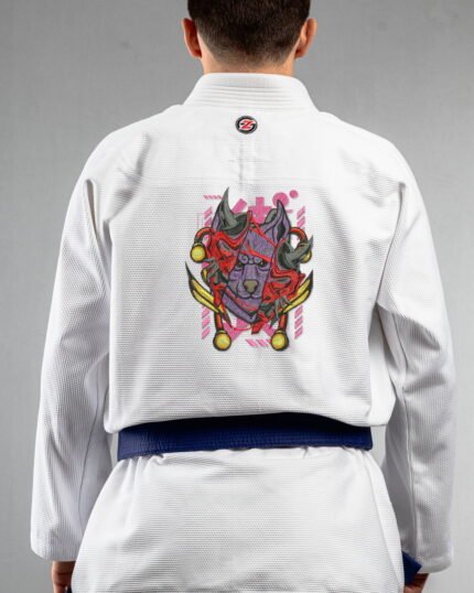 Wolf Oni embroidery on the back of a white BJJ Gi