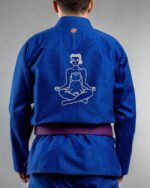 Yoga Cat Girl embroidery on the back of a blue BJJ Gi