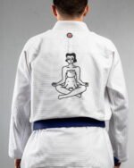 Yoga Cat Girl embroidery on the back of a white BJJ Gi