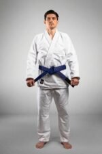 Model wearing the white GiFanatix BJJ Gi from the front